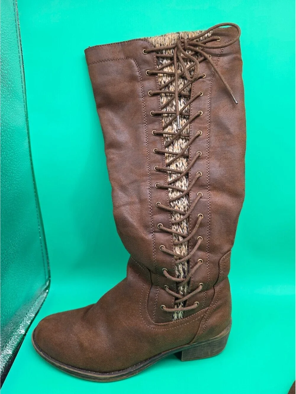 Apt. 9 Women's Tall Lace-Up Boots Brown Knit Back Side Zip Size 7.5M